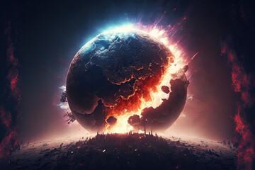 Wall Mural - explosion of a planet in outer space from a collision with a meteorite. concept of catastrophe catac