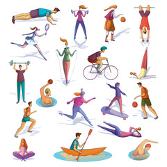 Wall Mural - Set of people doing different sports set. Male and female athletes playing, running, doing sports exercise. Physical activity and healthy lifestyle concept cartoon vector