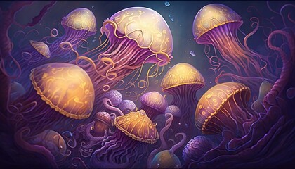 Wall Mural -  a group of jellyfish floating in the ocean under a blue sky with bubbles and bubbles on it's sides, with a dark background of blue and yellow and purple.  generative ai