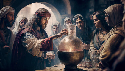 illustration representing the wedding at cana with jesus turning water into wine - ai generative