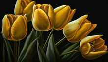  A Painting Of Yellow Tulips On A Black Background With A Black Back Ground And A Black Back Ground With A Black Back Ground.  Generative Ai
