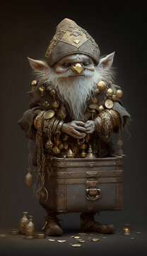 Character design of a gnome with a chest full of gold coins - AI generative