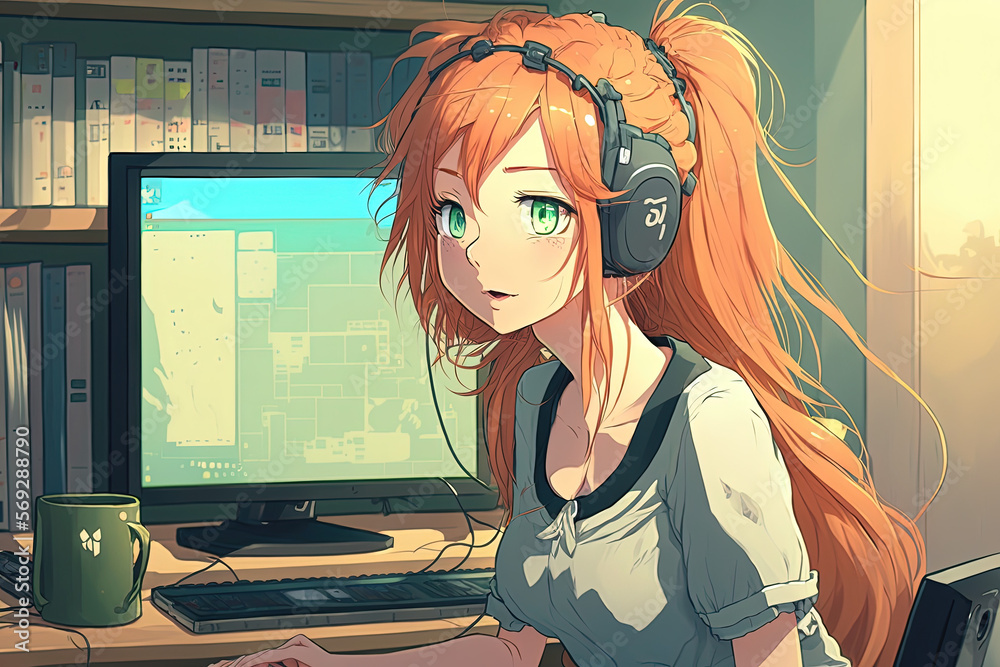 Anime girl programming. AI generated. Stock Illustration | Adobe Stock