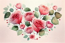 Roses And Leaves Forming A Beautiful Heart Shape. Watercolour Sketch. Great For Love Postcards. Ai Generative.
