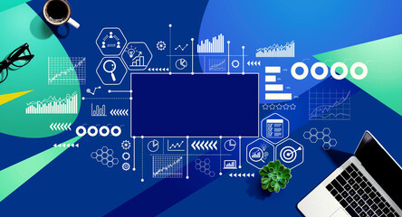 Aufkleber - Marketing concept with a laptop computer on a blue and green pattern background