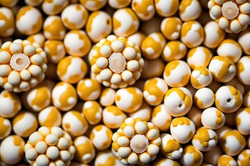 Poster -  a close up of a bunch of yellow and white beads with holes in the middle of the bead holes on the bead ends.  generative ai