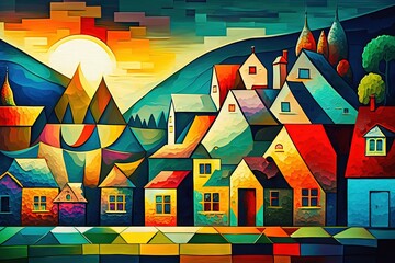 Canvas Print -  a painting of a town with mountains in the background and a sunset in the sky above it, with houses in the foreground and a mountain in the background.  generative ai