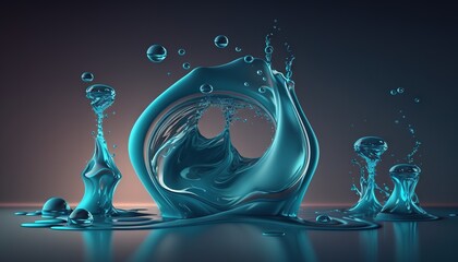 Wall Mural -  a blue liquid splashing out of a bottle into a puddle of water on a dark background with a reflection of the bottle in the water.  generative ai