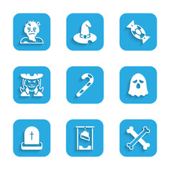 Sticker - Set Christmas candy cane, Guillotine, Crossed bones, Ghost, Tombstone with RIP written, Witch, Candy and Zombie mask icon. Vector