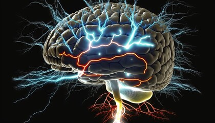 Wall Mural -  a computer image of a brain with electrical discharges coming out of the top of the brain and the bottom of the brain, with a lightning bolt coming out of the top of the brain.  generative ai