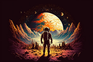 an astronaut covers his tracks on the planet against the background of other planets. pixel art. ai 