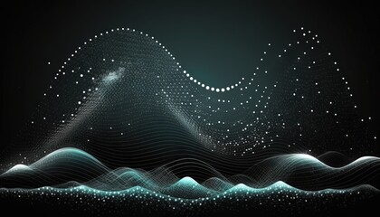 Poster -  a computer generated image of a mountain with stars in the sky and waves in the foreground, with a black background and a blue hue.  generative ai