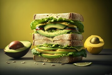 Poster -  a sandwich with avocado, lettuce, and other foodstuffs on a table next to an avocado and lemon.  generative ai