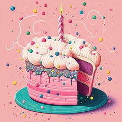 Canvas Print -  a birthday cake with a single candle on it and sprinkles on the side of the cake and on the plate is a pink background with confetti.  generative ai