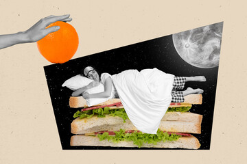 Poster - Creative collage image of mini black white gamma girl laying sleeping big sandwich instead bed arm hold fresh orange fruit