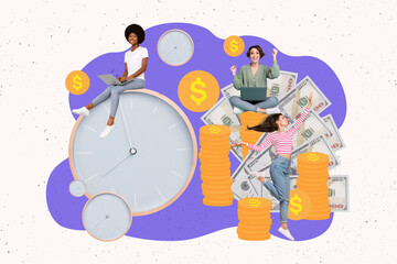 Aufkleber - Creative collage picture of excited delighted mini people use netbook raise fists celebrate pile stack money coins big wall watch clock