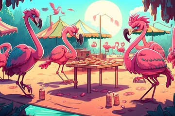 Sticker -  a group of flamingos standing around a picnic table with a beer in front of them and a tent in the background with a tent.  generative ai