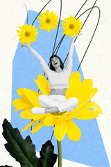 Poster - Creative collage photo poster picture of happy joyful beautiful woman sitting big flower rejoice good mood isolated on painted background