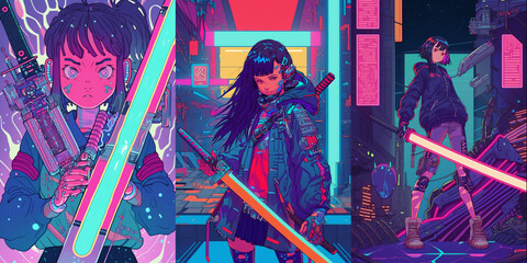 Portrait of anime cyber girls with huge light sword. Illustration in the retro style film. Colorful background, collection