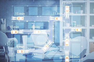 Poster - Multi exposure of auto pilot theme drawings and office interior background. Ai concept.