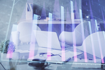 Poster - Double exposure of stock market graph drawing and office interior background. Concept of financial analysis.
