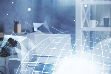 Aufkleber - Multi exposure of world map drawing and office interior background. Concept of international network.