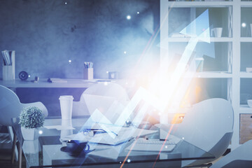 Aufkleber - Double exposure of grow arrows and office interior background. Concept of Growth.