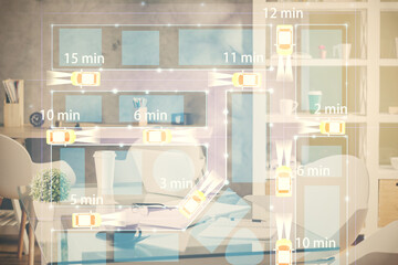 Poster - Multi exposure of auto pilot theme drawings and office interior background. Ai concept.