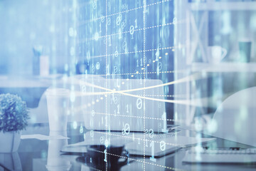 Aufkleber - Double exposure of data theme drawing and office interior background. Concept of technology.