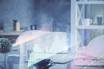 Aufkleber - Double exposure of stock market graph drawing and office interior background. Concept of financial analysis.