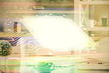 Poster - Double exposure of data theme drawing and office interior background. Concept of technology.
