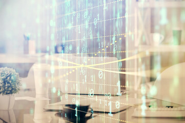Aufkleber - Double exposure of data theme drawing and office interior background. Concept of technology.