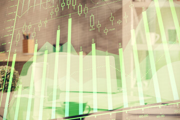 Poster - Double exposure of stock market graph drawing and office interior background. Concept of financial analysis.