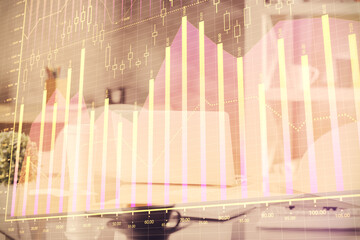 Poster - Double exposure of stock market graph drawing and office interior background. Concept of financial analysis.