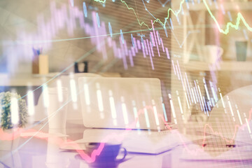 Poster - Double exposure of stock market graph drawing and office interior background. Concept of financial analysis.
