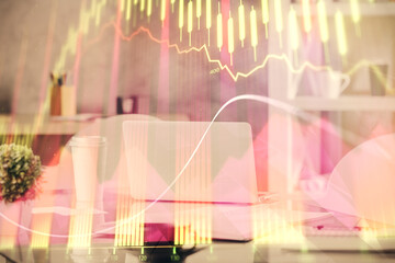 Poster - Double exposure of stock market graph drawing and office interior background. Concept of financial analysis.