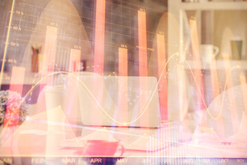 Aufkleber - Double exposure of stock market graph drawing and office interior background. Concept of financial analysis.