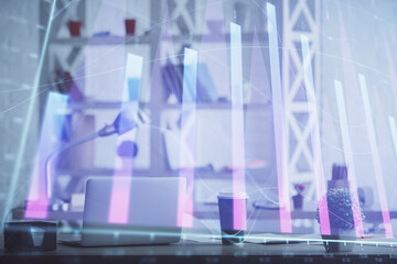 Poster - Double exposure of stock market graph drawing and office interior background. Concept of financial analysis.
