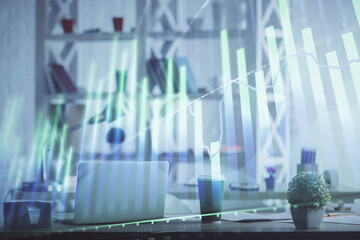 Poster - Double exposure of stock market graph drawing and office interior background. Concept of financial analysis.