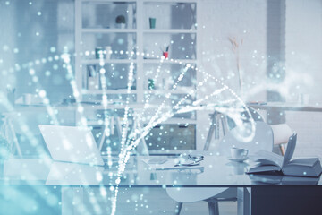 Poster - Double exposure of dna drawing and office interior background. Concept of science.