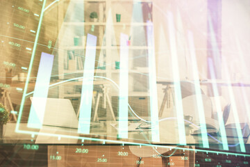 Poster - Multi exposure of stock market chart drawing and office interior background. Concept of financial analysis.