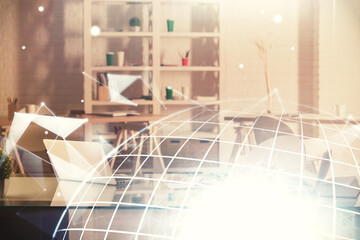 Aufkleber - Multi exposure of world map drawing and office interior background. Concept of international network.