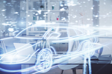 Poster - Multi exposure of auto pilot theme drawings and office interior background. Ai concept.