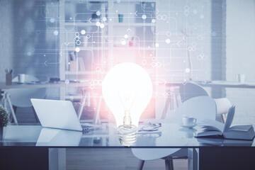 Poster - Double exposure of bulb and office interior background. Concept of idea.
