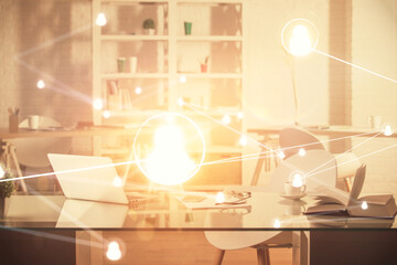 Poster - Double exposure of social network theme drawing and office interior background. Concept of web.