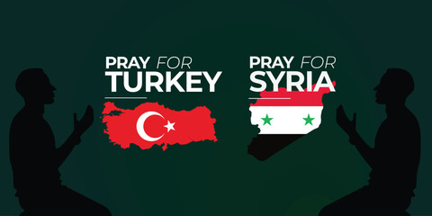 Pray for Turkey and Syria earthquake disaster. Countries under rubble. Vector eps 10 illustration for background. Features national flag and map. Silhouette of praying man.