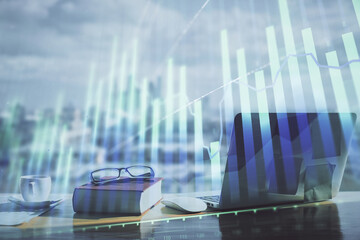 Poster - Double exposure of financial chart drawings and desk with open notebook background. Concept of forex market
