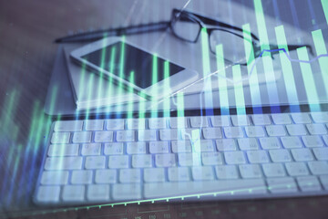 Poster - Double exposure of forex chart drawing and cell phone background. Concept of financial trading
