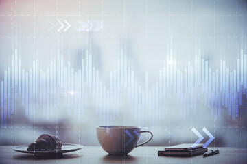Poster - Double exposure of forex chart over coffee cup background in office. Concept of financial analysis and success.