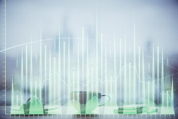 Poster - Double exposure of forex chart over coffee cup background in office. Concept of financial analysis and success.